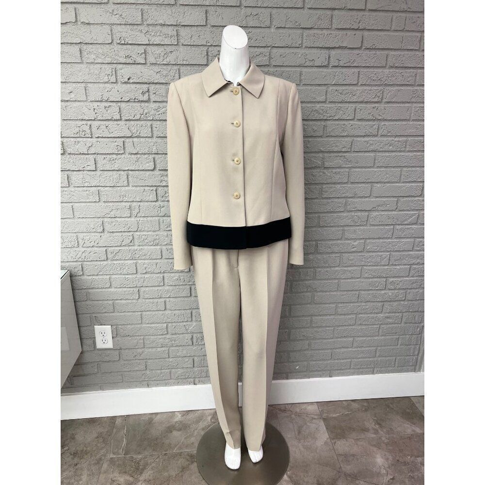 Casual Corner Annex Women Cream With Black Trim Career Pant Suit Size 10P / 12 J